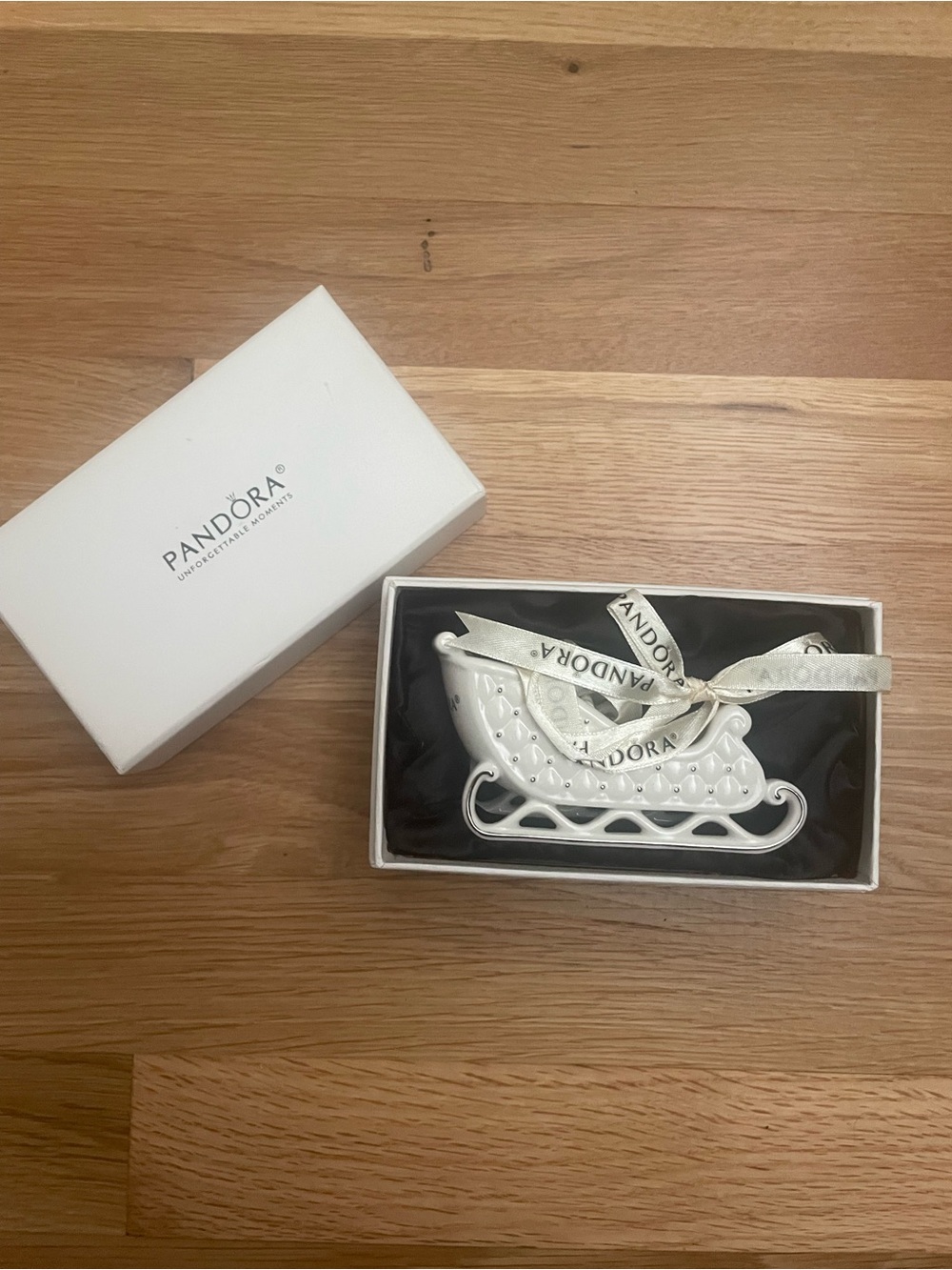Pandora Silver Sleigh Ornament with White Branded Ribbon 2014